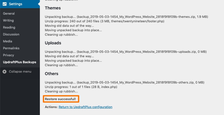 updraftplus restore successful